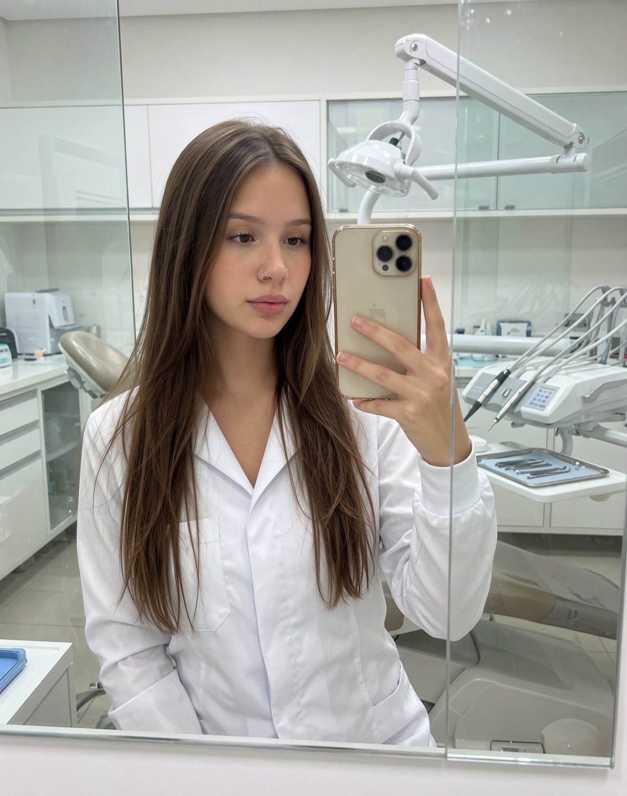 Dentista da clínica de jaleco branco, em frente ao espelho do consultório.