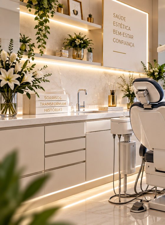 Bancada de mármore da clínica com lírios, plantas e luz quente.